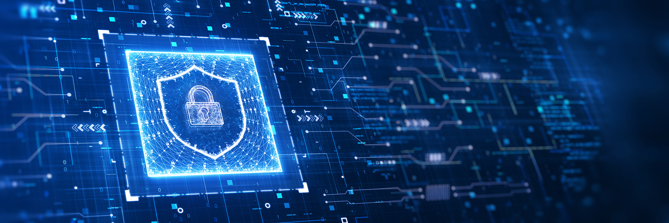 Cybersecurity concept of data protection in digital technology. There is a padlock in a prominent shield on the left, an abstract circuit surrounding the binary and fractal code. perspective design.