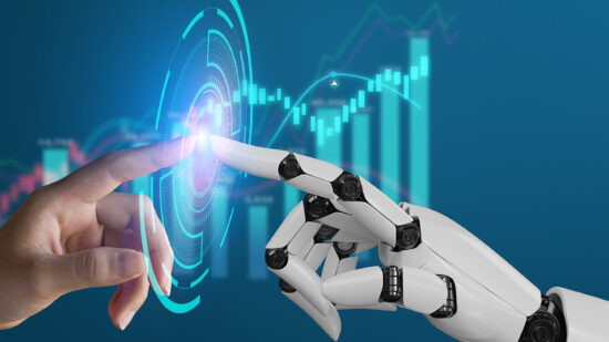 AI, Machine learning, robot hand ai artificial intelligence assistance human touching on big data network connection background, Science artificial intelligence technology, innovation and futuristic.